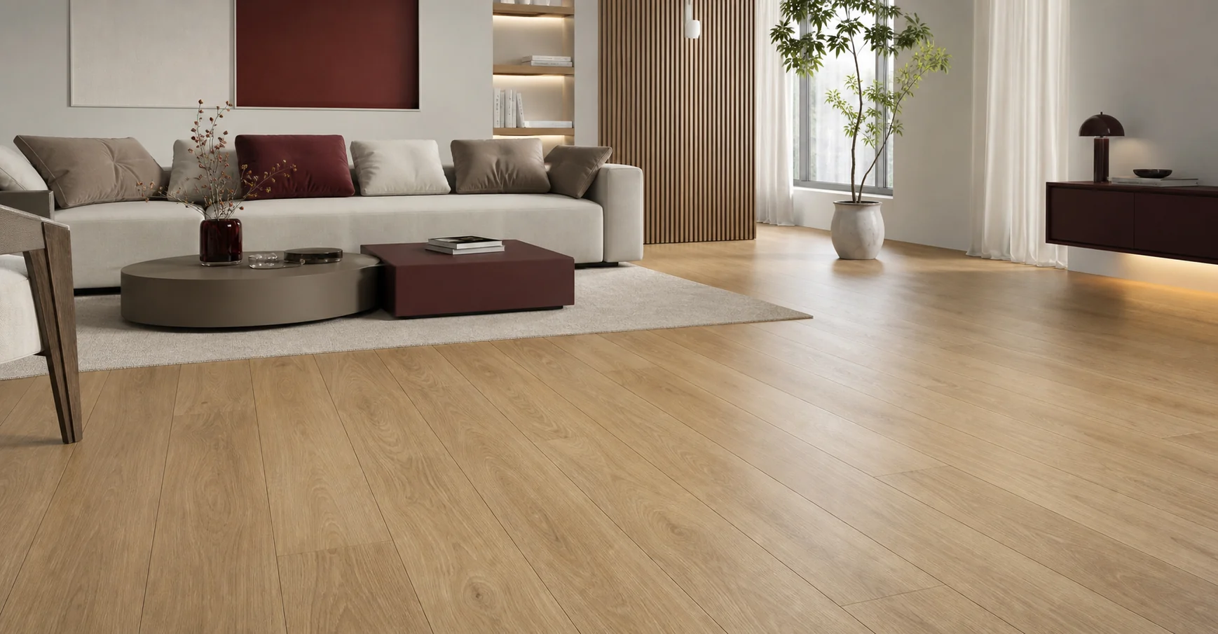 Ambiente contemporâneo com piso laminado em padrão amadeirado